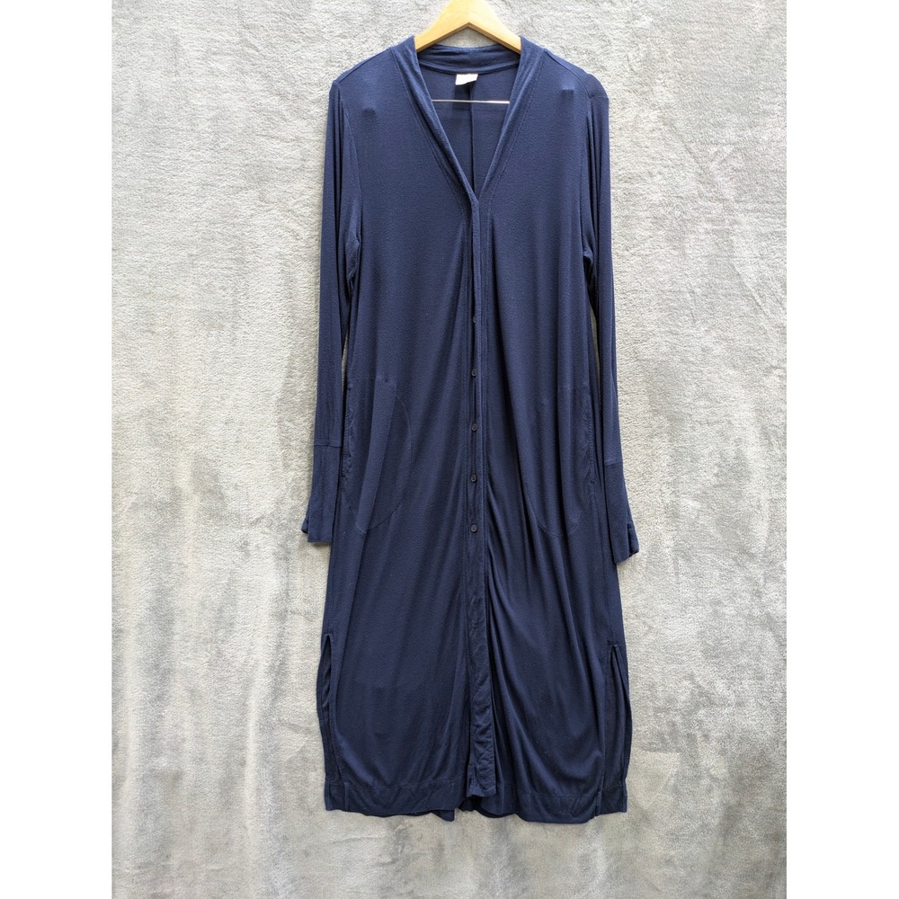 Minimalist Duster Cardigan Womens Medium Navy Blue Ribbed Button Front Soma